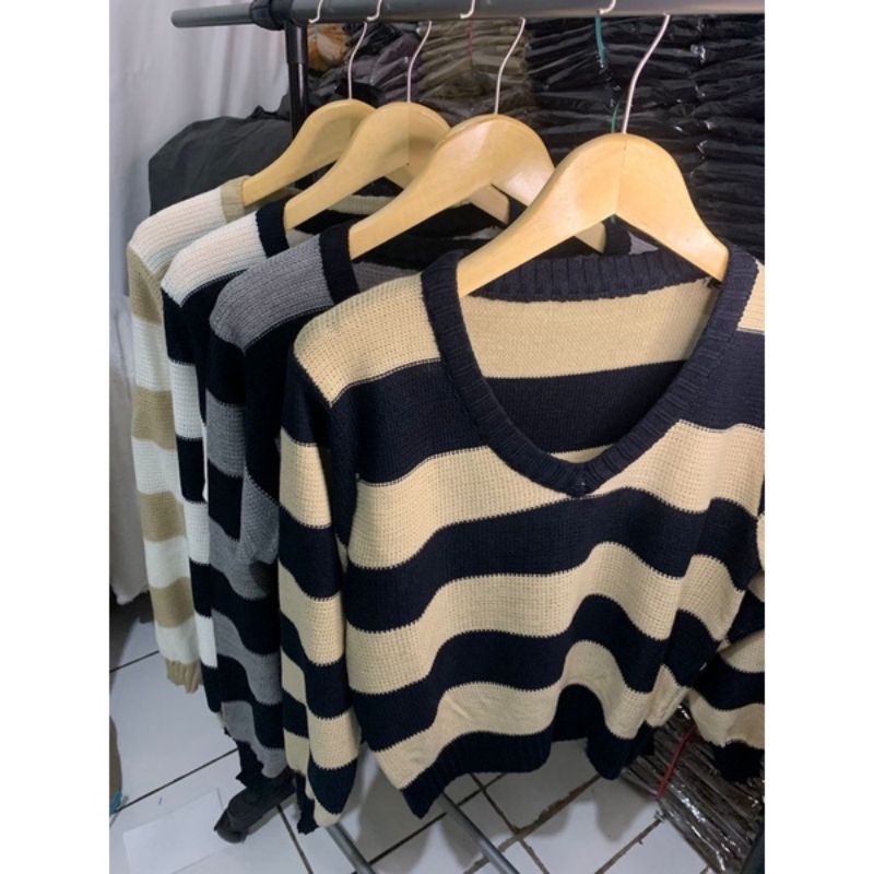ZETTA KNITE SWEATER | SWEATER RAJUT STRIP WANITA KOREAN