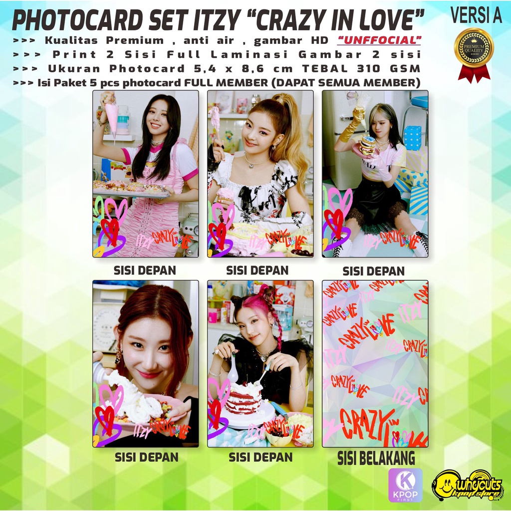 PHOTOCARD SET KPOP PREMIUM ITZY  / ADVENTURE OF ITZY / OHBOY MAGZ / CRAZY IN LOVE / PRINT 2 SISI FULL LAMINASI GLOSSY ISI 5 PCS LENGKAP