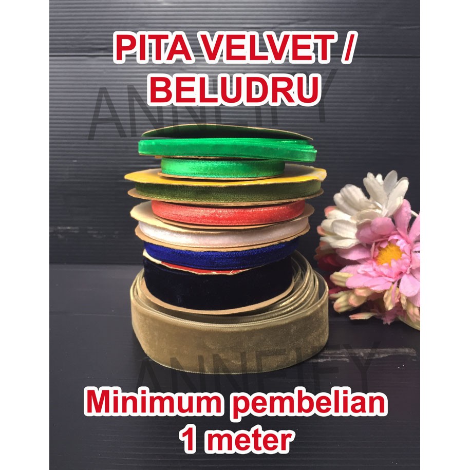 

[ECER METERAN] Pita Beludru Velvet Polos Hijau Biru Hitam Putih Dekorasi Planner Kecil Lebar Bunga