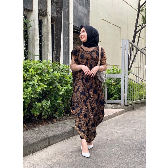 New Pakaian Atasan Terusan Wanita Dress Kaftan batik dress asimetris daun sogan Baju Batik Wanita Pe