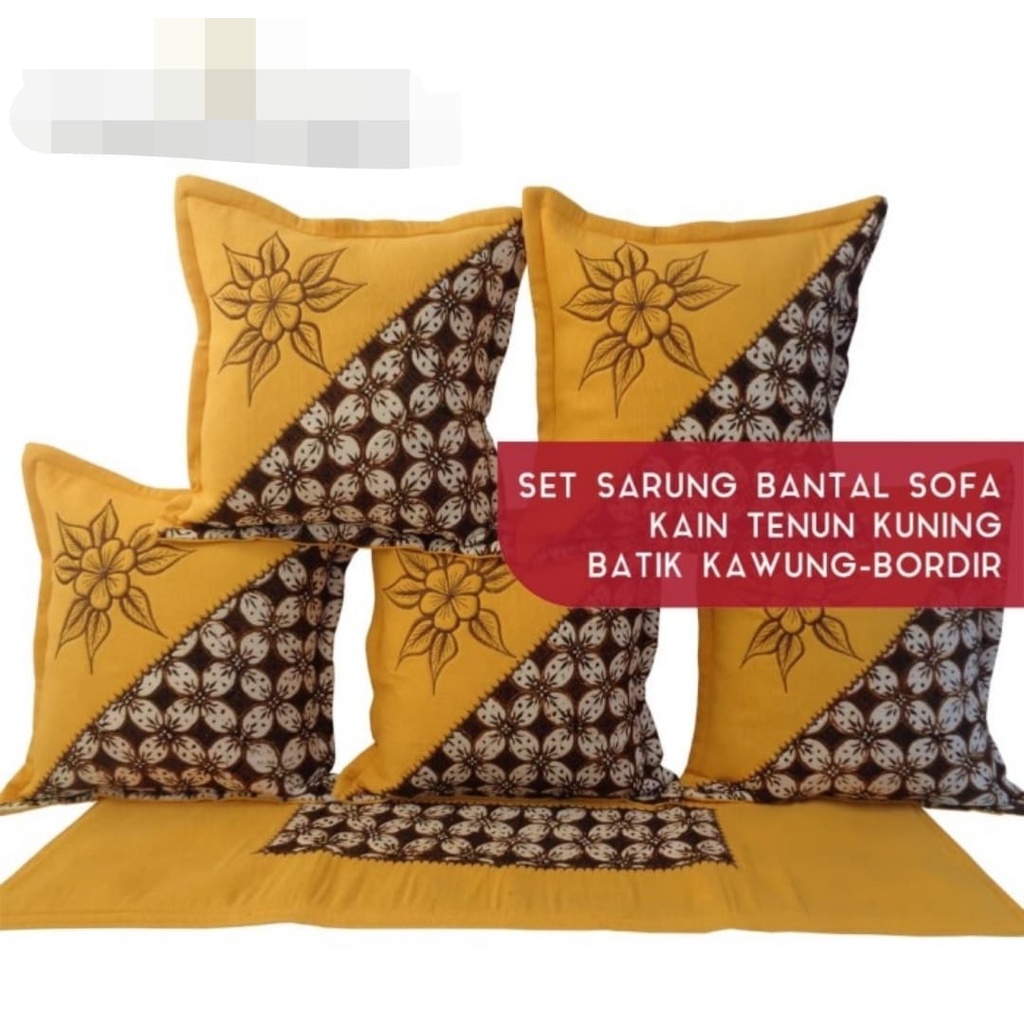 set sarung bantal sofa kain tenun kuning bordir batik kawung