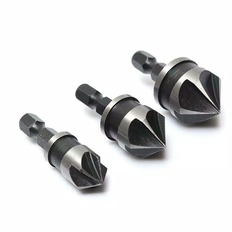 Mata Bor Countersink Set 3pcs Carbon Steel HSS Black Grey 12-16-19mm Hitam Silver Countershink Drill