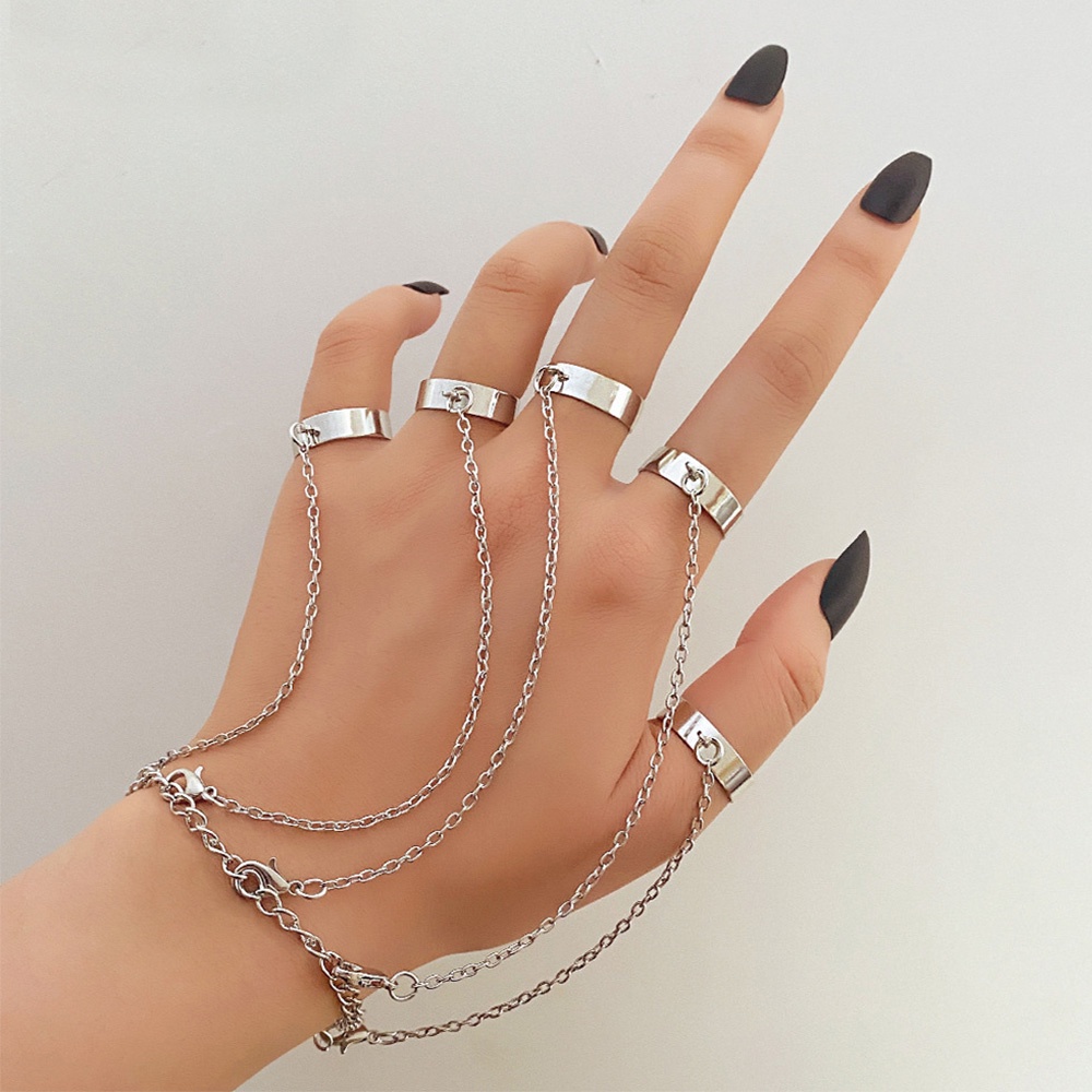 Set Gelang Rantai Cincin Warna Silver Gaya Retro Untuk Wanita