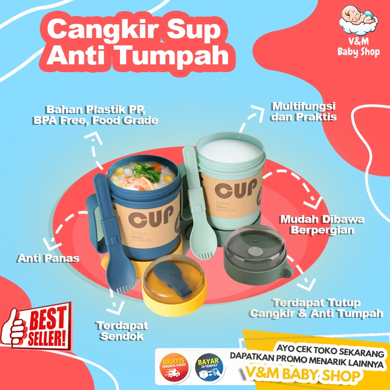 VnM008 | Mangkuk sup Cangkir sup Anti Tumpah Panci sup Portable Free Sendok BPA Free