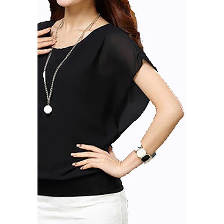 ▼ Blouse Baju Atasan Wanita Blus JUMBO Sifon Model Korea Wing - Putih, XL ♬