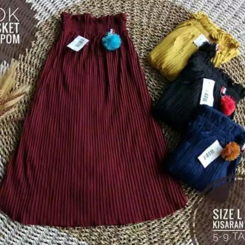 ROK PLISKET ANAK POMPOM HYGET | PLEATED LONG PLISKET USIA -2 -- 10  TAHUN