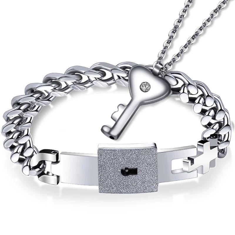 SIY  Titanium Puzzle Couple Heart Lock Key Couple Bracelet Necklace Lover Jewelry Set