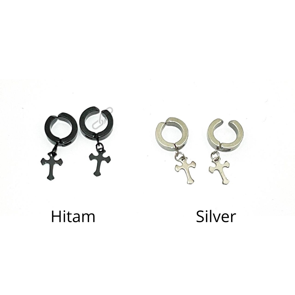 BISA COD Anting Tindik Salib Anting Jepit High Quality Titanium Silver Hitam Anting Cowok Cewek Pria