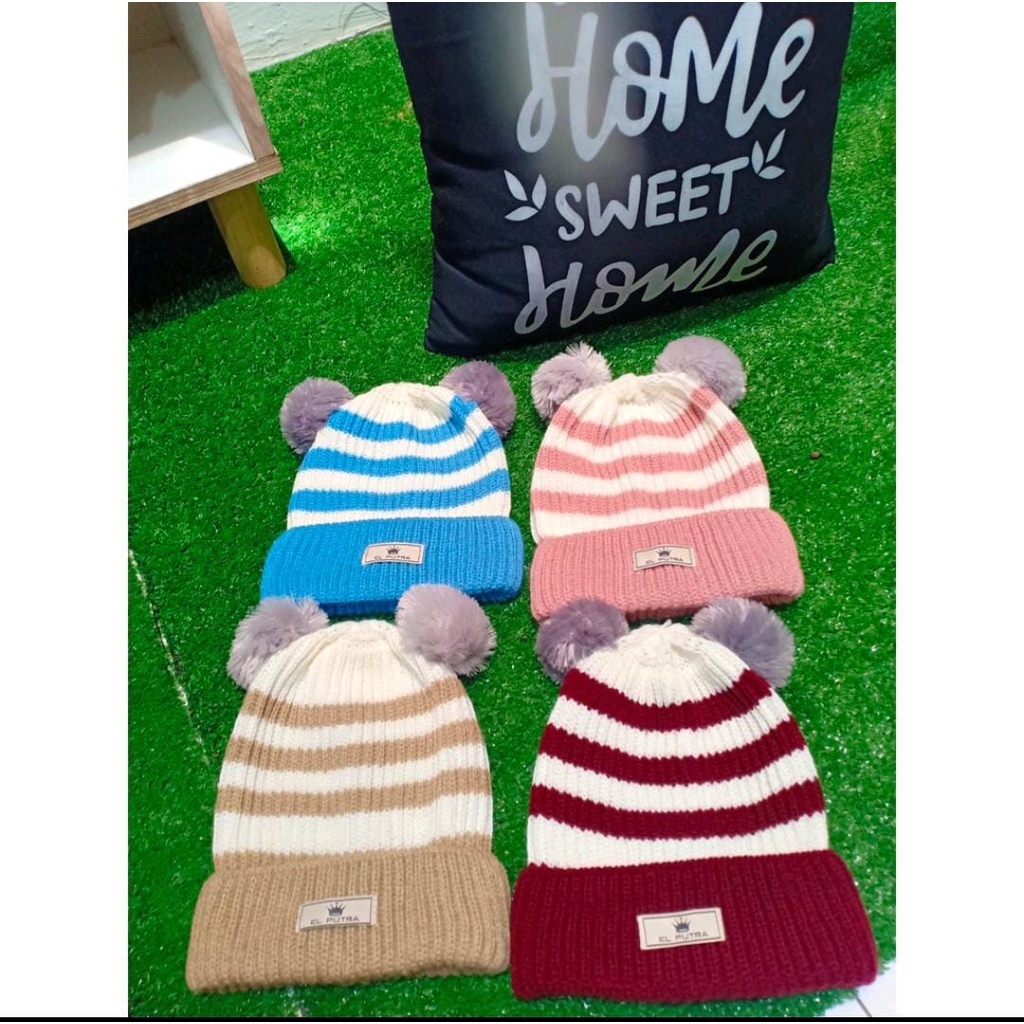 Kupluk bayi salur rajut pompom topi rajut anak lucu