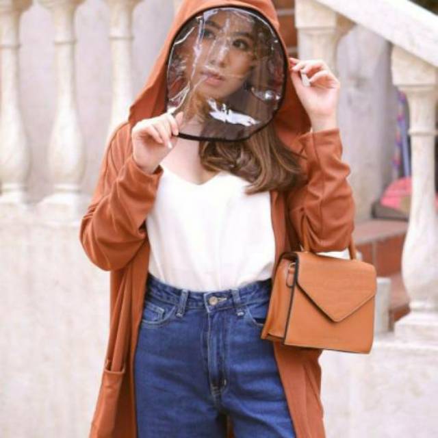 CARDIGAN wanita panjang bahan kaos dengan face cover / cover shield
