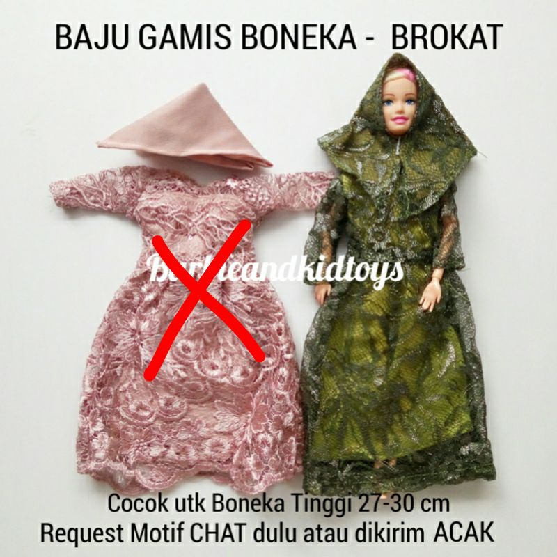 Baju Muslim Boneka Barbie Bahan Brokat Plus Hijab Komplit Satuan - Mainan Anak Unik Handmade Murah