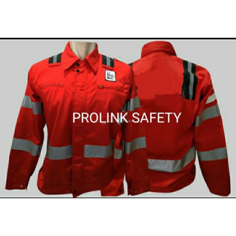 BAJU SAFETY SERAGAM ATASAN MERAH HSE SCOTLIGHT 5CM HITAM DAN SILVER DOBLE FREE LOGO K3 BENDERA