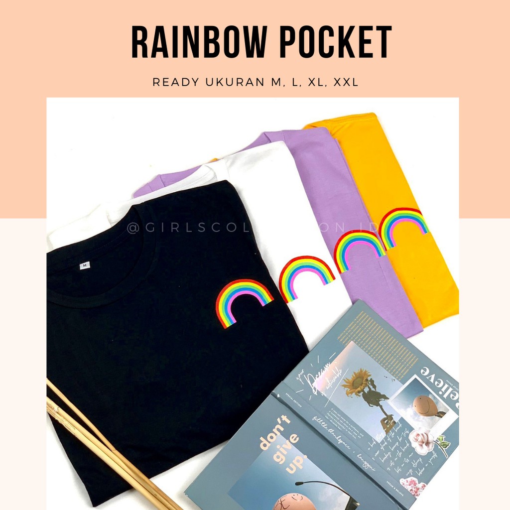 KAOS RAINBOW POCKET | BAJU KATUN TUMBLR TEE OVERSIZE TSHIRT BASIC HITAM PUTIH BERSHKA WANITA DAN PRI