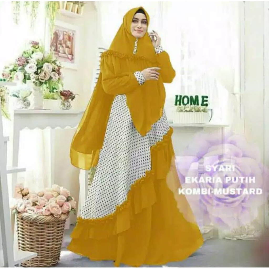 SYARI EKARIA POLKA KOMBI PUTIH / GAMIS RAMPLE / FASHION WANITA