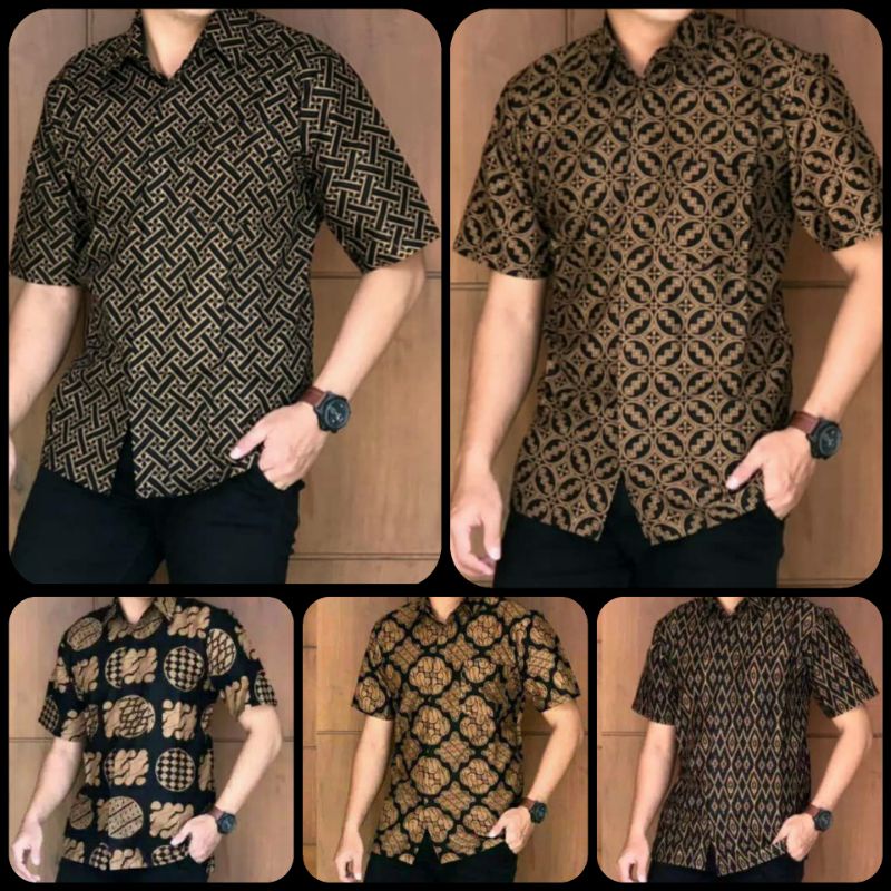 Kemeja batik pria kantor Lengan pendek terbaru Lawasan Coklat Hem sogan pekalongan