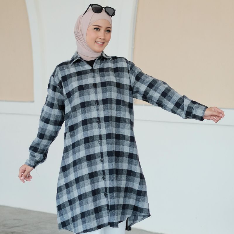 4s Grosir Solo || Kemeja Tunik Kotak Wanita Busui full kancing || Kemaja Tunik Muslimah || TUNIK FLANEL KOTAK KERAH KANCING BUSUI FRIENDLY TARTAN