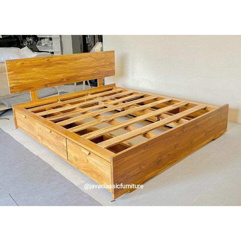 1 SET TEMPAT TIDUR DIPAN MINIMALIS KAYU SOLID TEBAL LACI 6 DIVAN JATI TUA VINTAGE RANJANG CUSTOM RET