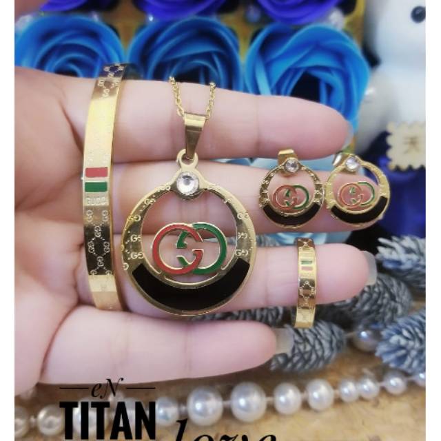 TERMURAH Set Perhiasan TITANIUM Anti Karat Gelang Kalung Anting Cincin Gucci Cantik Modis Xuping