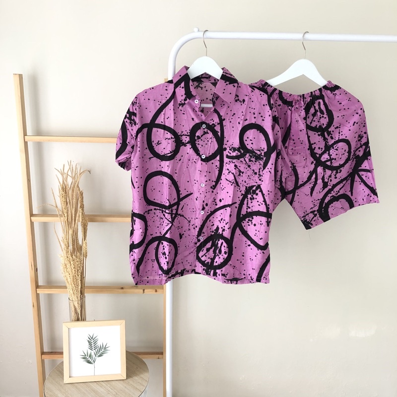 hirafa - One Set Setelan Atas Bawah Full Kancing / Baju Santai Tie Dye / Baju Wanita Pria-Ring - Magenta