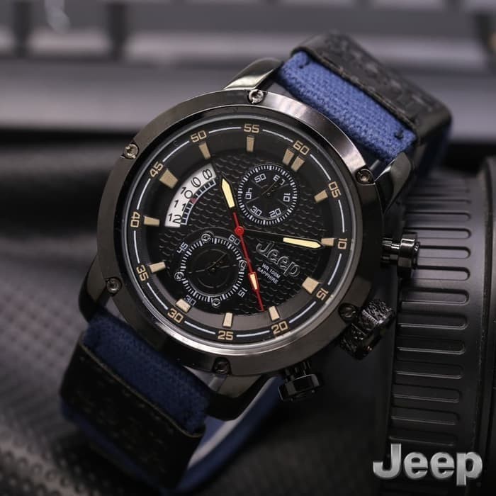 Jam Tangan Jeep Crono Aktif Tali Kanvas - Jam Tangan Pria Kanvas Super Mewah - Hitam Biru