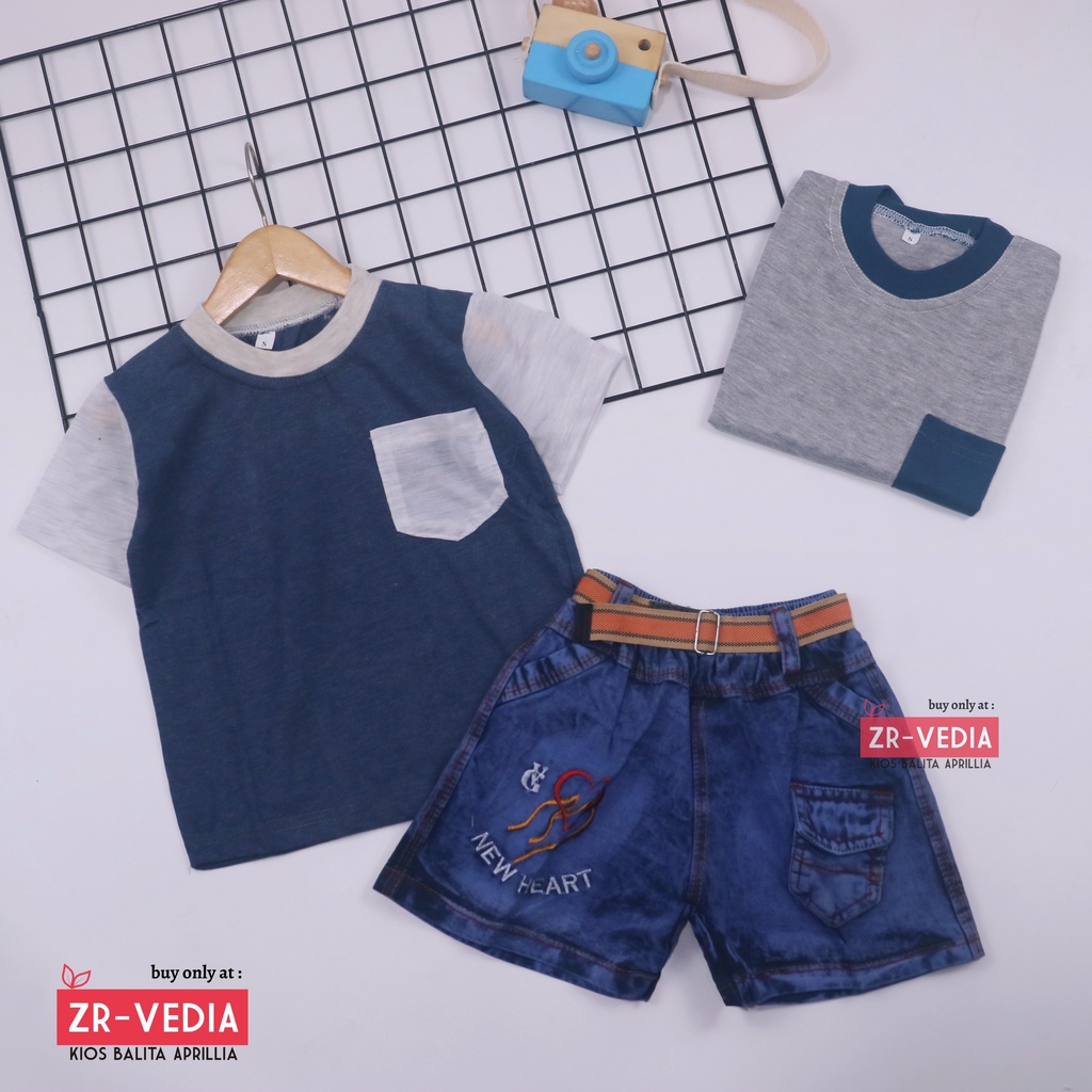 Setelan John Ethes uk 3-4 Tahun /  One Set Lengan Pendek Anak Laki-Laki Celana Jeans Kantong Baju Oblong