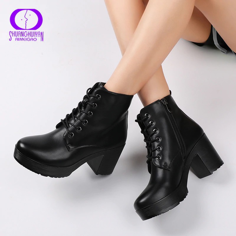 sepatu boots AIMEIGAO Platform Heels Women Ankle Boots Soft Leather Thick high Heel Platform Boots