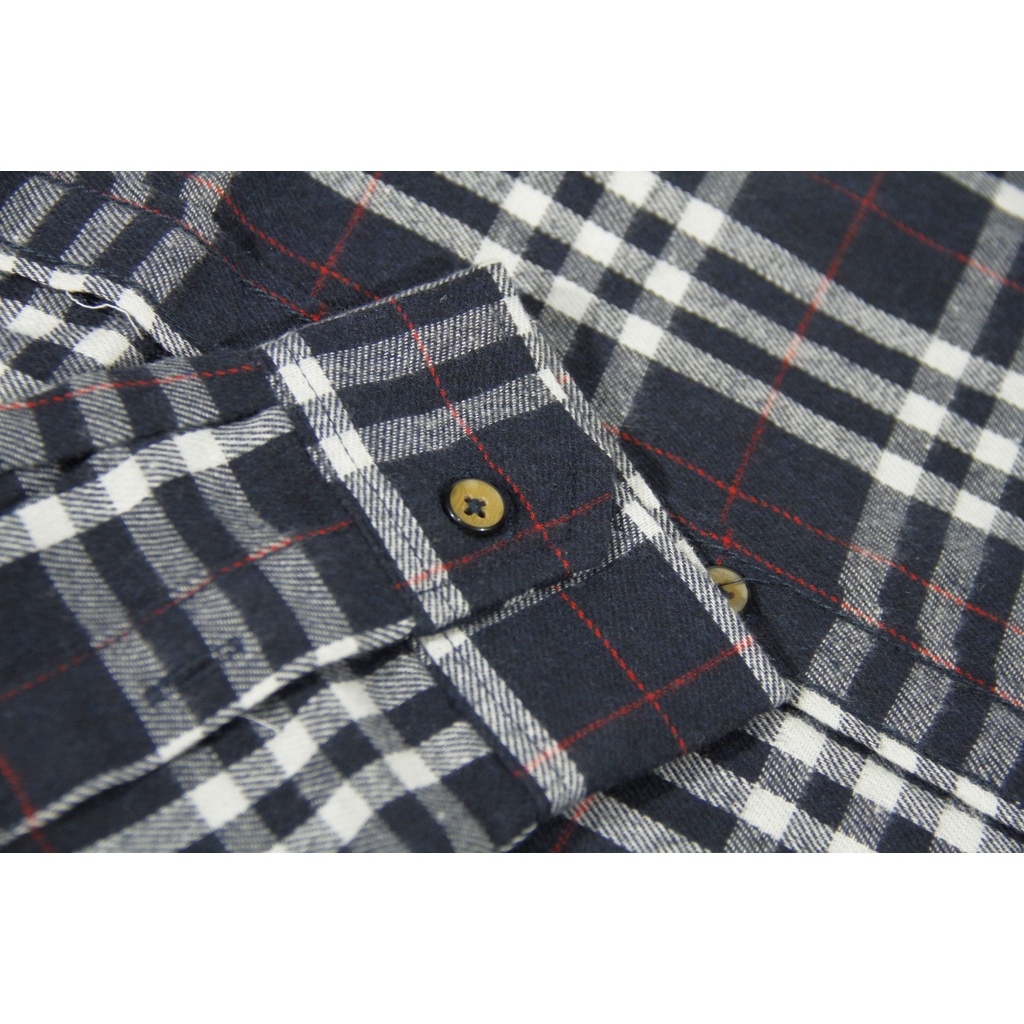 COD Kemeja Flanel Unisex Lengan Panjang Slimfit | Ilefen Tuelef Navy Motif Kotak Putih dan Merah 100% Original Brand