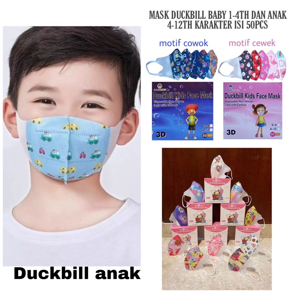 Masker Duckbill Anak CAREION Karakter 0-3thn S/D 4-12thn Masker Karakter 3D Duck bill Anak COWO/CEWE