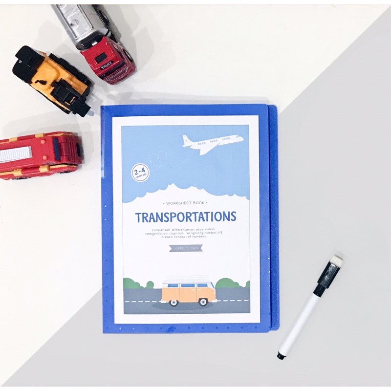 Worksheet Transportation wipe clean/ transportasi / busy book (include wipe clean marker)