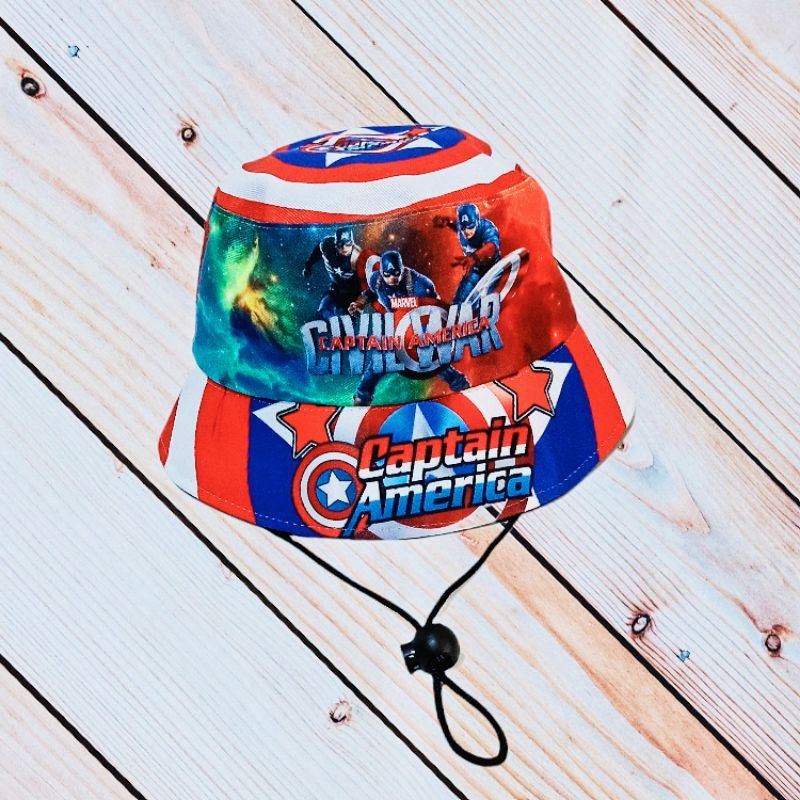 paket 2in1 tas slempang dan topi bucket capatain america anak full printing waistbag anak topi anak laki laki