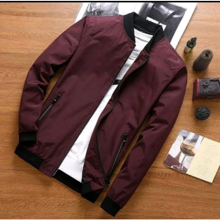 Jaket Pria Distro Tebaru HARRINGTOON POLET BOMBER FORMAL / Jaket Pria outdoor / Jaket garis polos / Jaket tebal murah-Maroon
