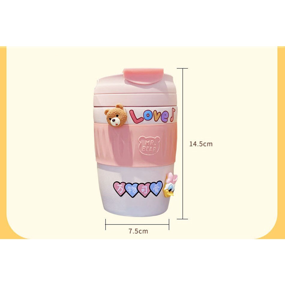 Kawaii Bear Thermal Cup Coffee Mug Portable Stainless Steel Anak Sedotan Botol Air Anak Perempuan Termos Lucu Perut Besar Double Minum