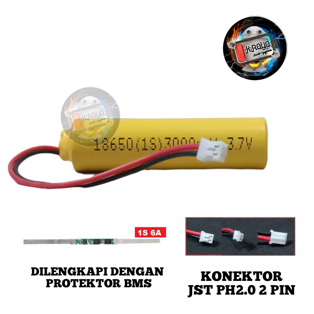 Baterai Mainan RC/ Mainan Remot Control 1x 18650-1S 3000mAh 3,7V Protektor BMS 6A Konektor JST PH2.0 2 PIN