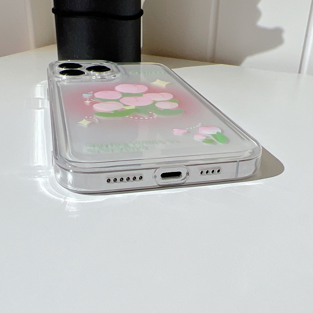 Case Pelindung Warna Pink Tulip Transparan Dengan Kartu Laser Untuk Iphone 11 8 7 Plus SE2 XS XR 12 13 Mini PRO MAX