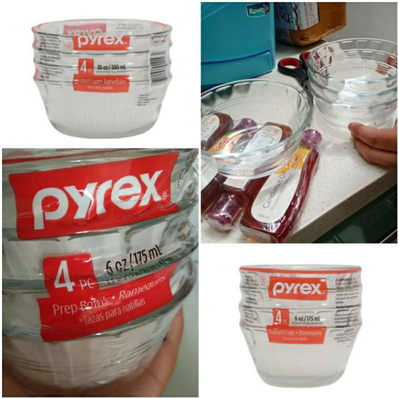 Mangkuk Kaca Pyrex Set 4Pcs 175ml 300ml Oven Microwave Safe Custard Cup 8-10 oz Ramekin Bowl Mangkok