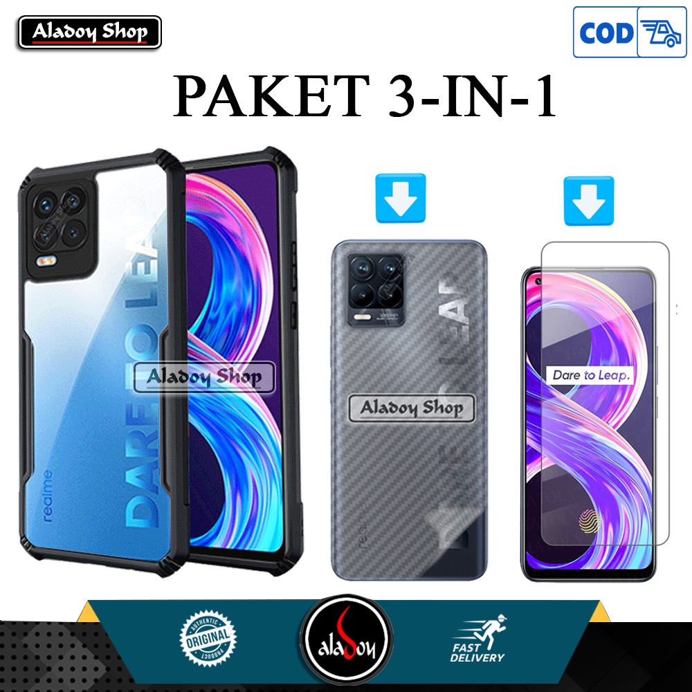 PAKET Case REALME 8 2021 Casing + Tempered Glass Layar Clear + Skin Carbon