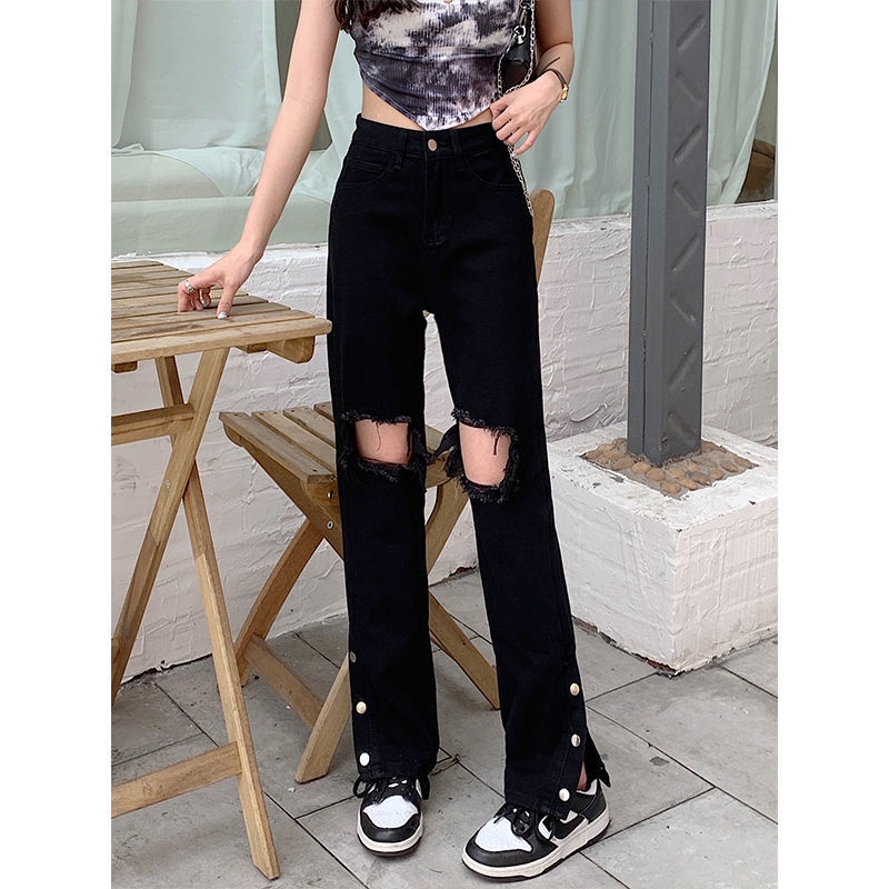 Red wanita jeans high-waist robek micro-flare wanita 2022 model baru Hong Kong celana wide-leg desain ceruk