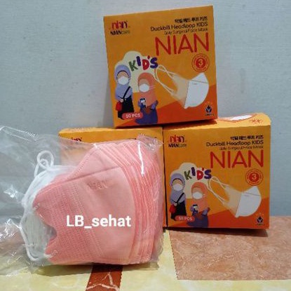 Masker Duckbill Anak Hijab Nian Warna Peach Pearl Isi 50 Pcs Medis 3 Ply