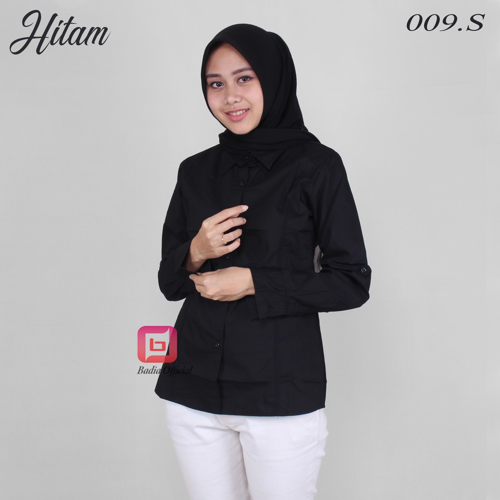 kemeja hitam motif list bordir kupnat formal kantor kerja katun jumbo big size wanita premium