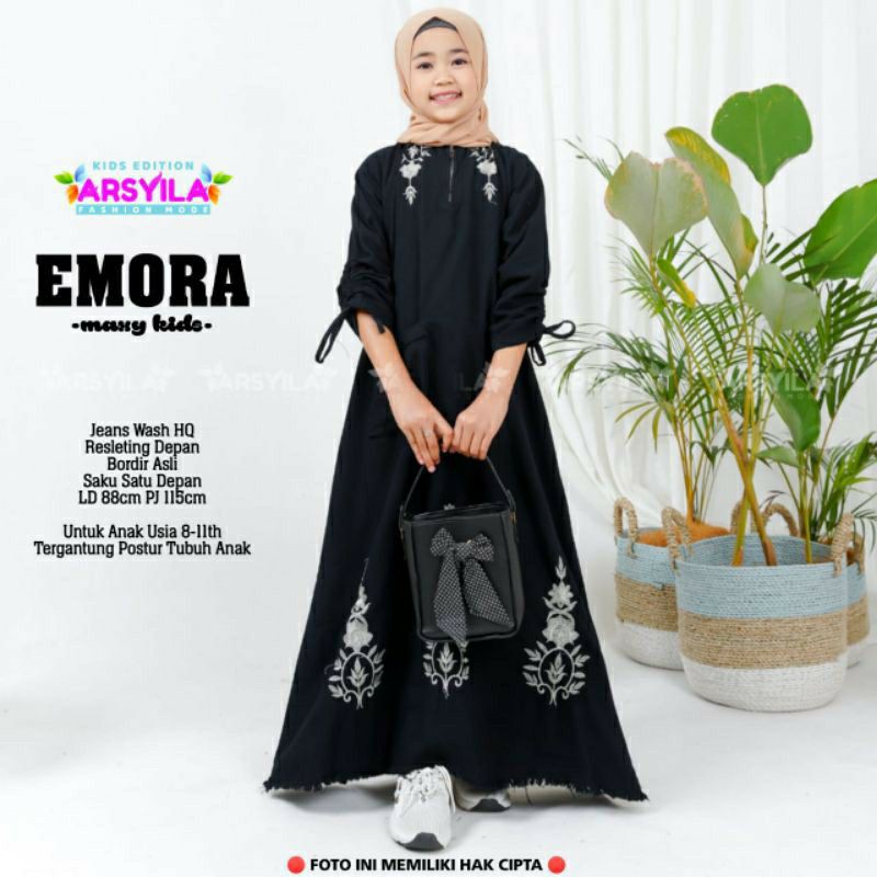 EMORA ADELIA Gamis Jeans Anak Ld 88 Pj 115 Aplikasi Bordir Cantik