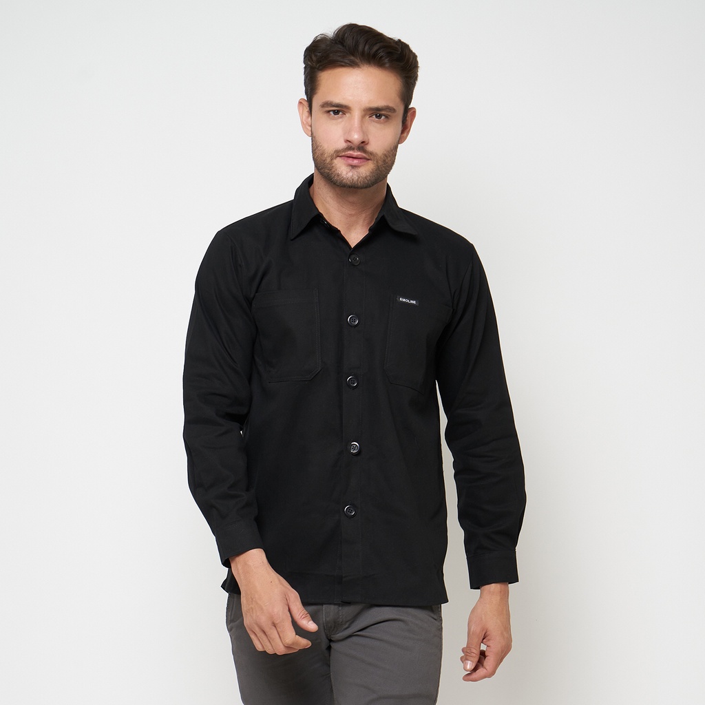 EMOLINE Kemeja Outer Outwear Pria Men Lengan Panjang Katun Hitam