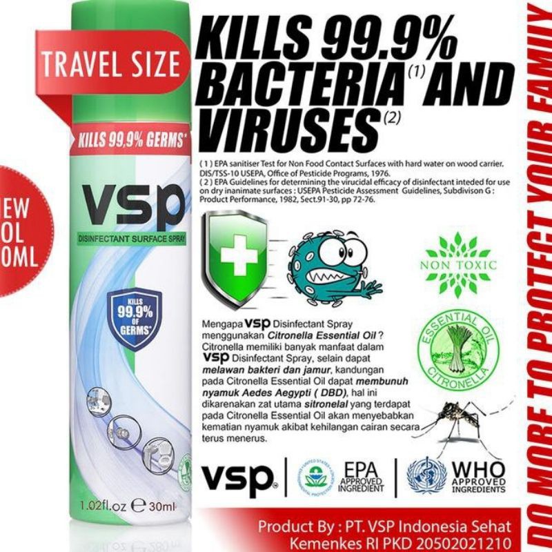 VSP Disinfectant / Disinfektan VSP Spray Anti Virus 30 mL - Travel Size