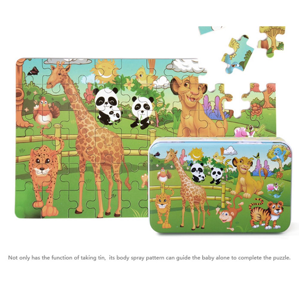 Vanker Mainan 60Pcs Puzzle Kayu Gambar Kartun Dengan Kotak Penyimpanan Besi Untuk Asah Otak