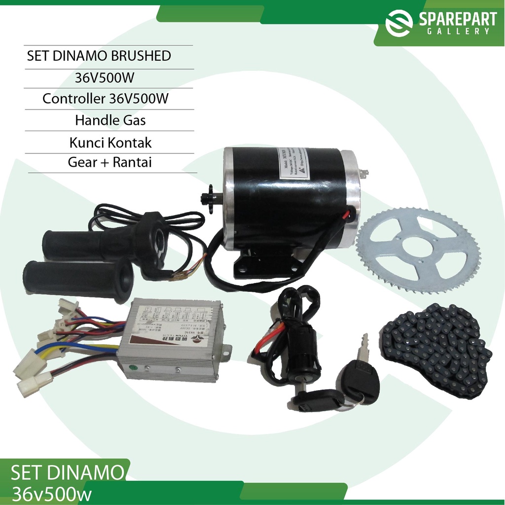 Paket set dinamo motor+controller+gas+rantai+gear+kunci 36v500w