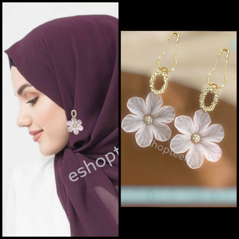 A188 anting hijab juntai bunga putih transparan gold_anting jilbab