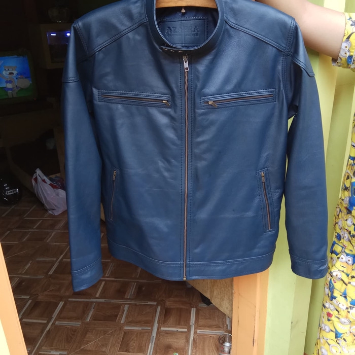 Keren Pakaian Pria Jacket Jeket Jiket Original Leather jaket kulit domba asli warna biru tua Premium