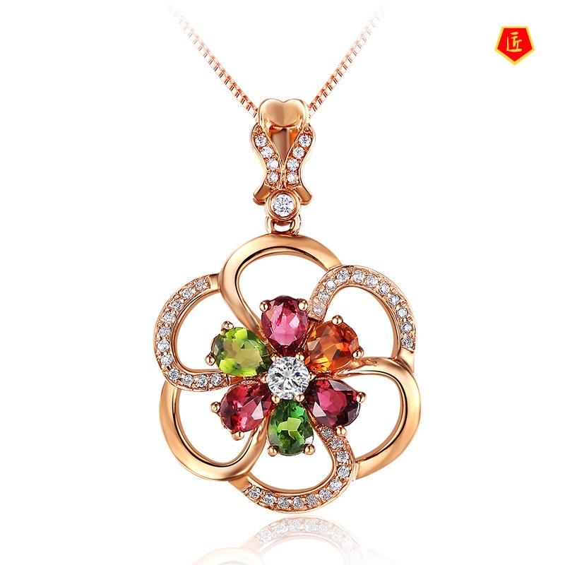 [Ready Stock]Flower Pendant Inlaid Jewel 18K Rose Gold Necklace Fashionable and Elegant