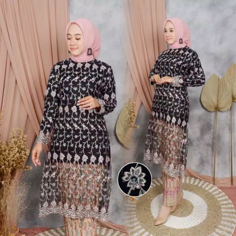 NEW REAL PICT SETELAN KEBAYATUNIK TULLE HITAM/KEBAYA IMPORT/KEBAYA KEKINIAN/KEBAYA BORDIR