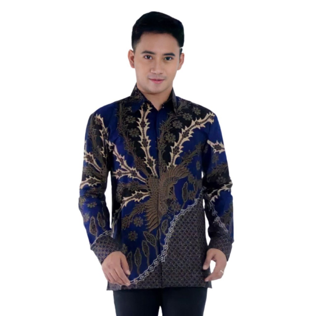 Batik Pria Lengan Panjang BATIK BERKAH HRB026 motif KERATONAN Kode 002 size M L XL XXL Reguler-MURAI BIRU