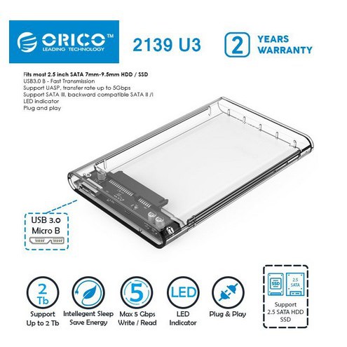 ORICO 2139U3 Casing Harddisk External 2,5inch Sata USB 3.0 Transparan enclosure